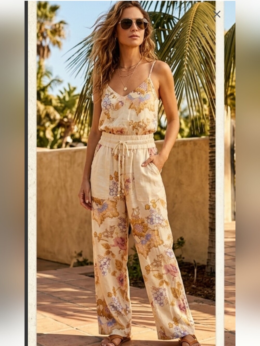 House Of Harlow 1960 Floral Wide-Leg Jumpsuit in Cream Line  Blend Size Small